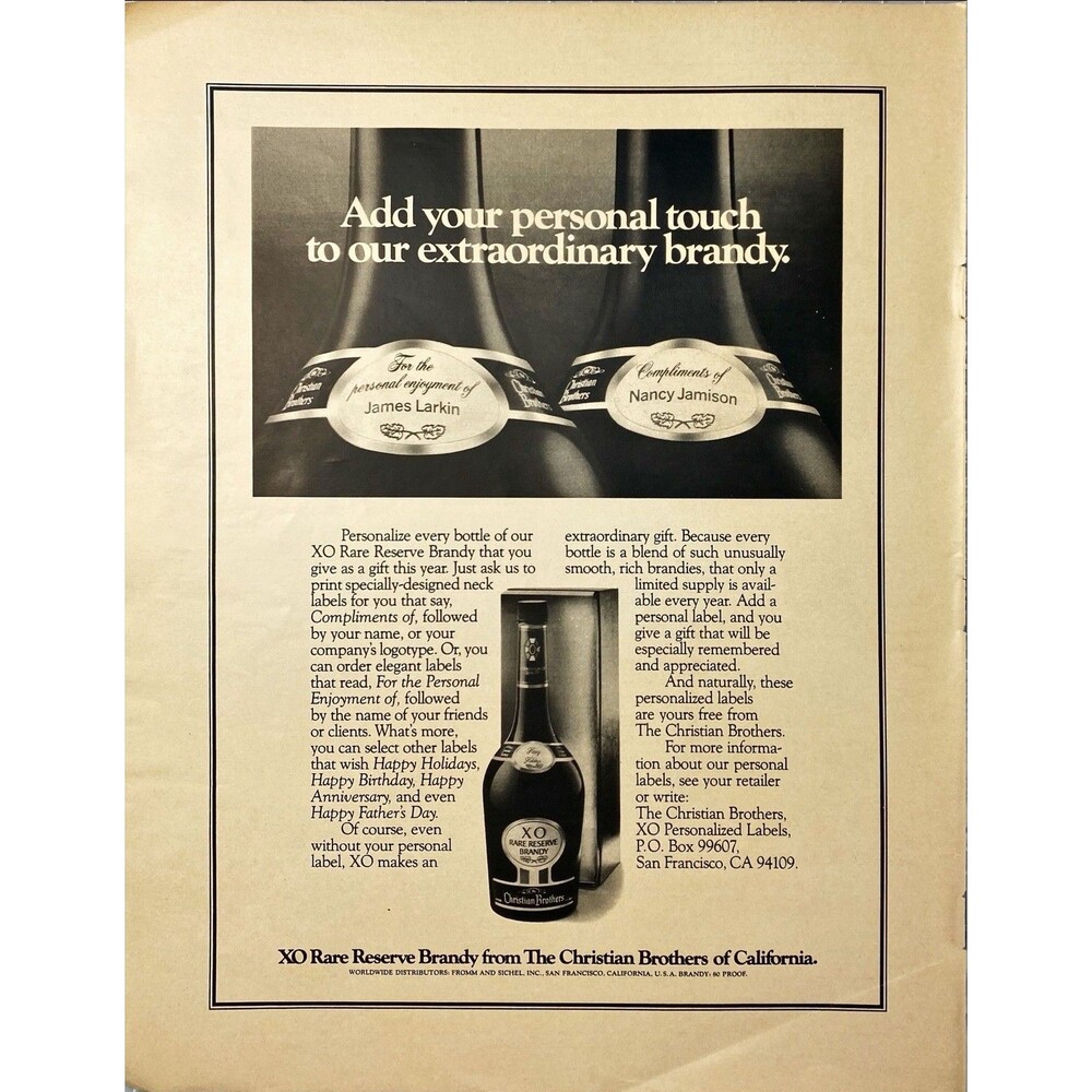 Christian Brothers of California XO Rare Reserve Brandy Vintage Print Ad 1979